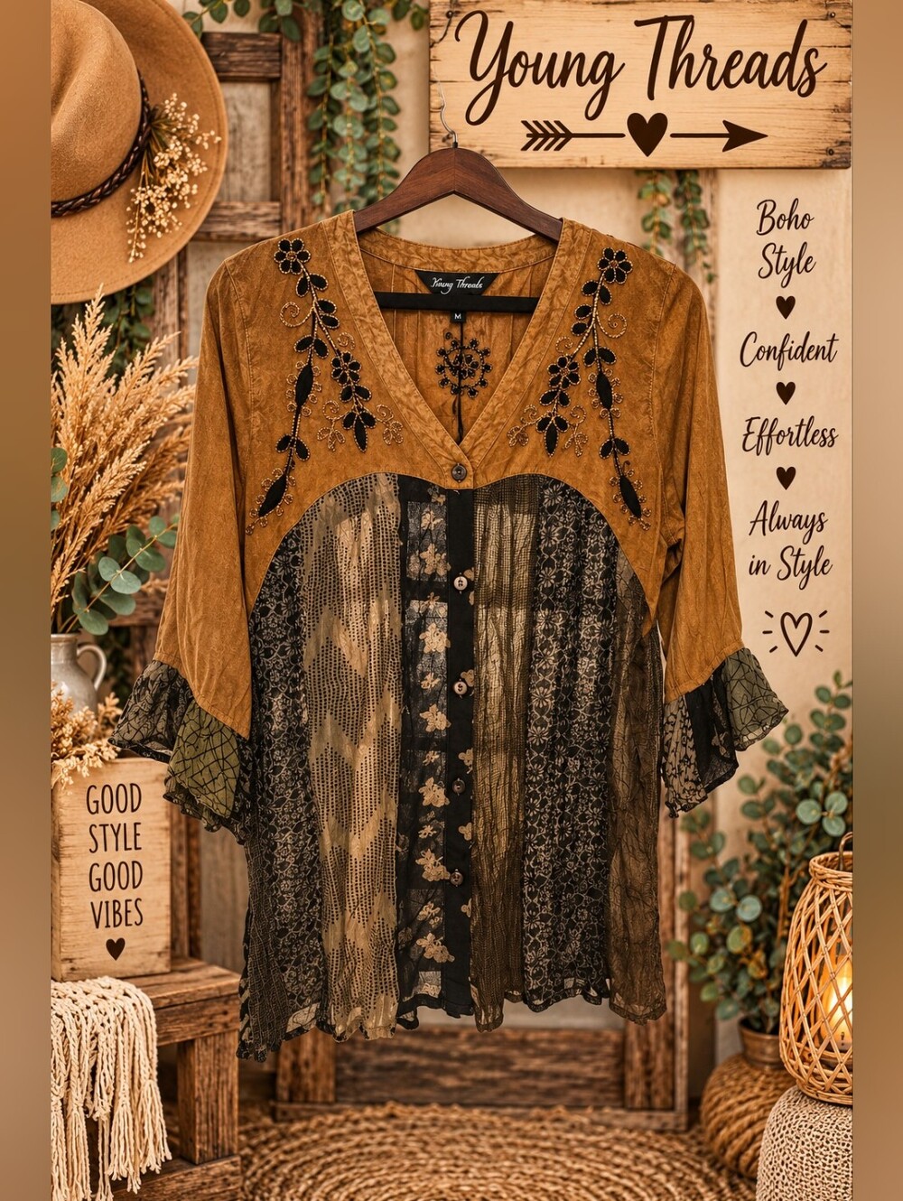 Women’s Boho Embroidered Patchwork Tunic in Mustard and Black